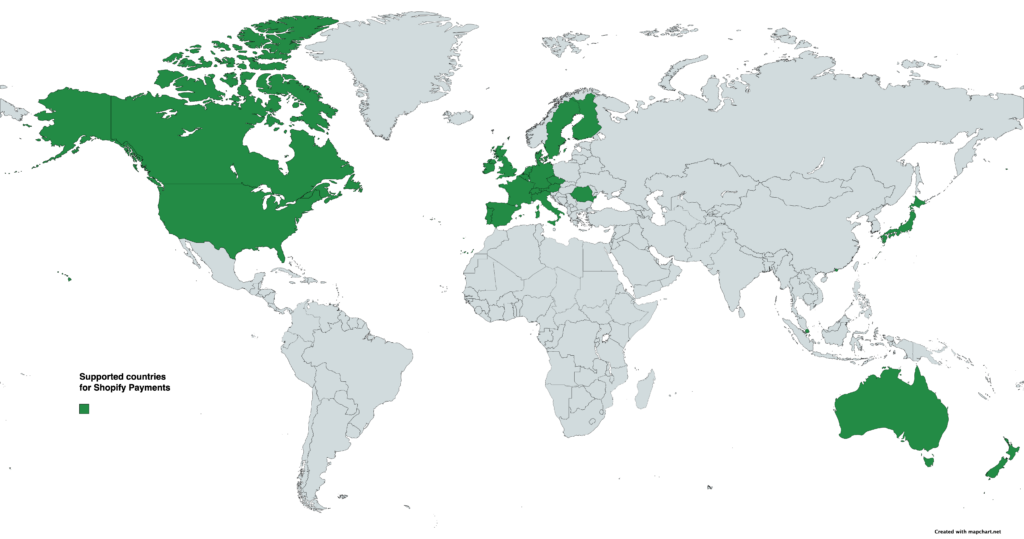 Dostępne kraje dla oficjalnych płatności od Shopify.